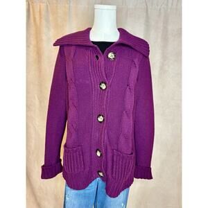 Style & Co Purple Cable Knit Cardigan M Rolled Sleeve Chunky Cozy
